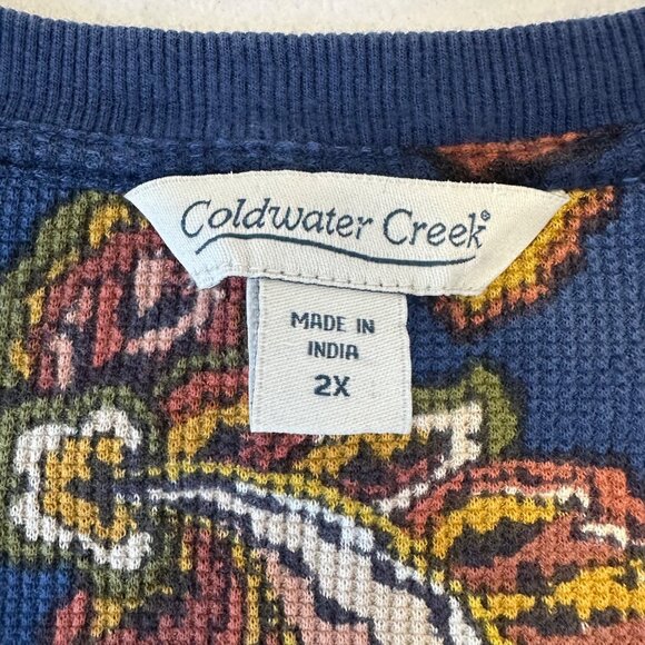 Coldwater Creek Waffle Knit Vintage Vibe Henley Top Blue Jewel Tone Florals 2X - Picture 3 of 11